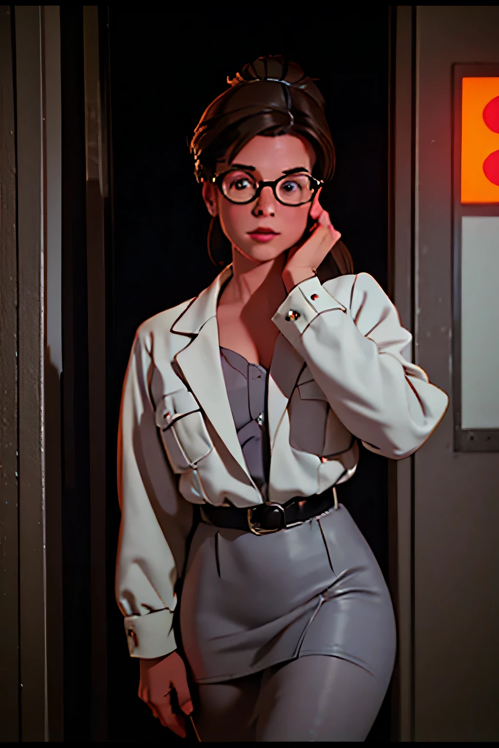 (2D stylized image 1.4), Business woman at a Science Laboratory, light grey skirt, white dress shirt, thick belt on waist, grey jacket, brown hair, ponytail, eyeglasses, 80s movie poster, dark, horror-themed, adult, hand painted (best quality, masterpiece) neon lights