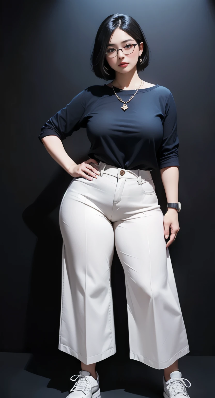 A woman in a black shirt and white pants posing for a picture - SeaArt AI