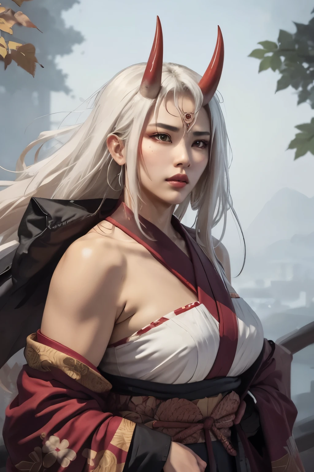 beautiful asian oni female warrior, wearing short fall off shoulders kimono , with thick curvy mature body yet muscular, long and voluminous white hair blown by the wind, 2 long oni horns, reddish fair skin , perfect face features expressive eyes , thick lips,