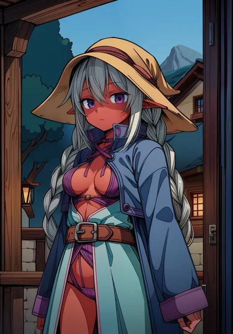 (tanned elf girl), (nice breasts:1.2), (black mage:1.2), (darker skin:1.1), (loose clothes:1.1), (silver hair purple eyes:1.1), (one side braid), (Switzerland clothes:1.2)