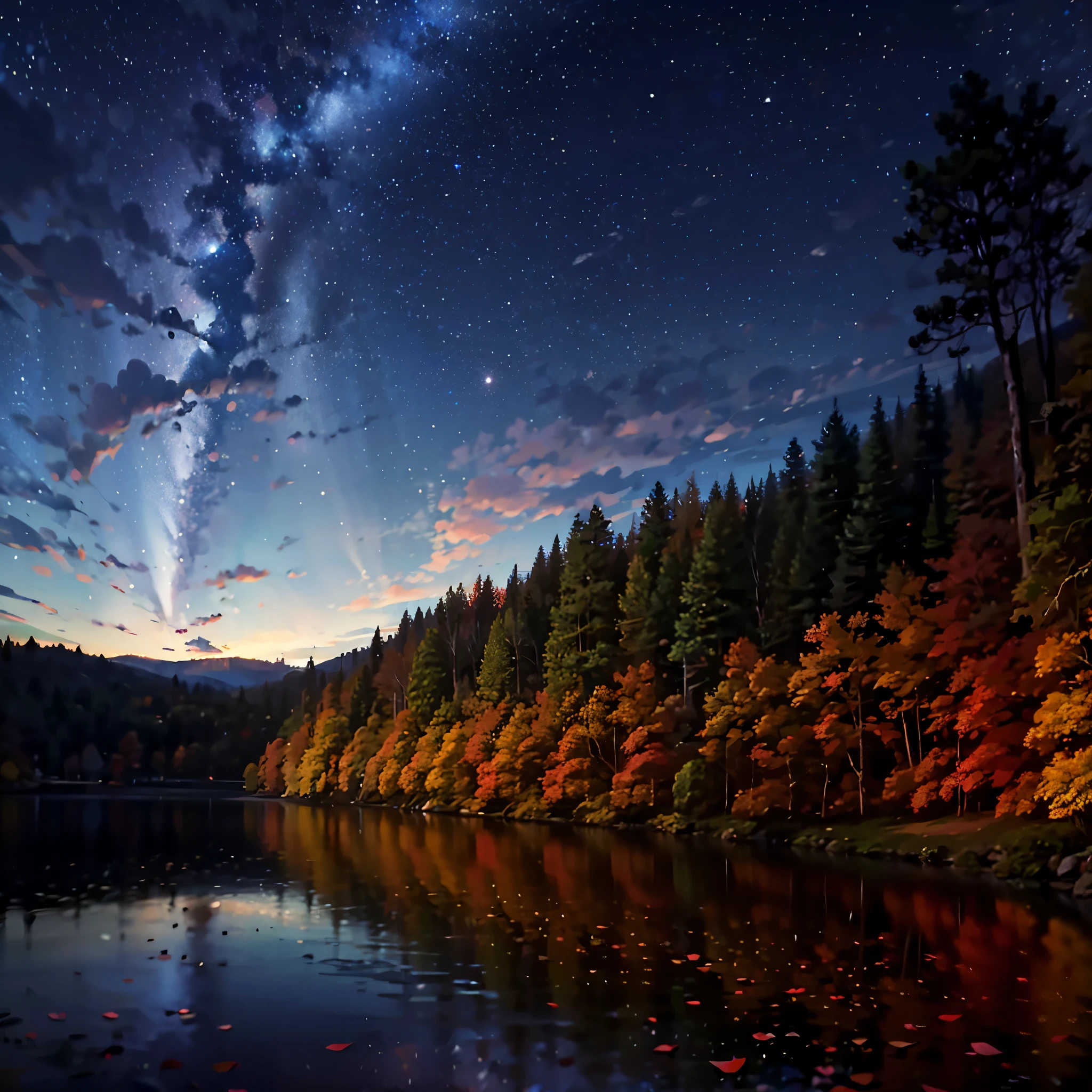 crystal clear lake and colorful trees in the background, night sky photography, (((Autumn Night))), stars, reflected in the water, starry sky, Beautiful stars, breathtaking stars, night nature landscape, Colorful night sky, starry sky, stars сверкают в ночи, astrophotgraphy, Red Foliage, Autumn trees, rowan, windy landscape