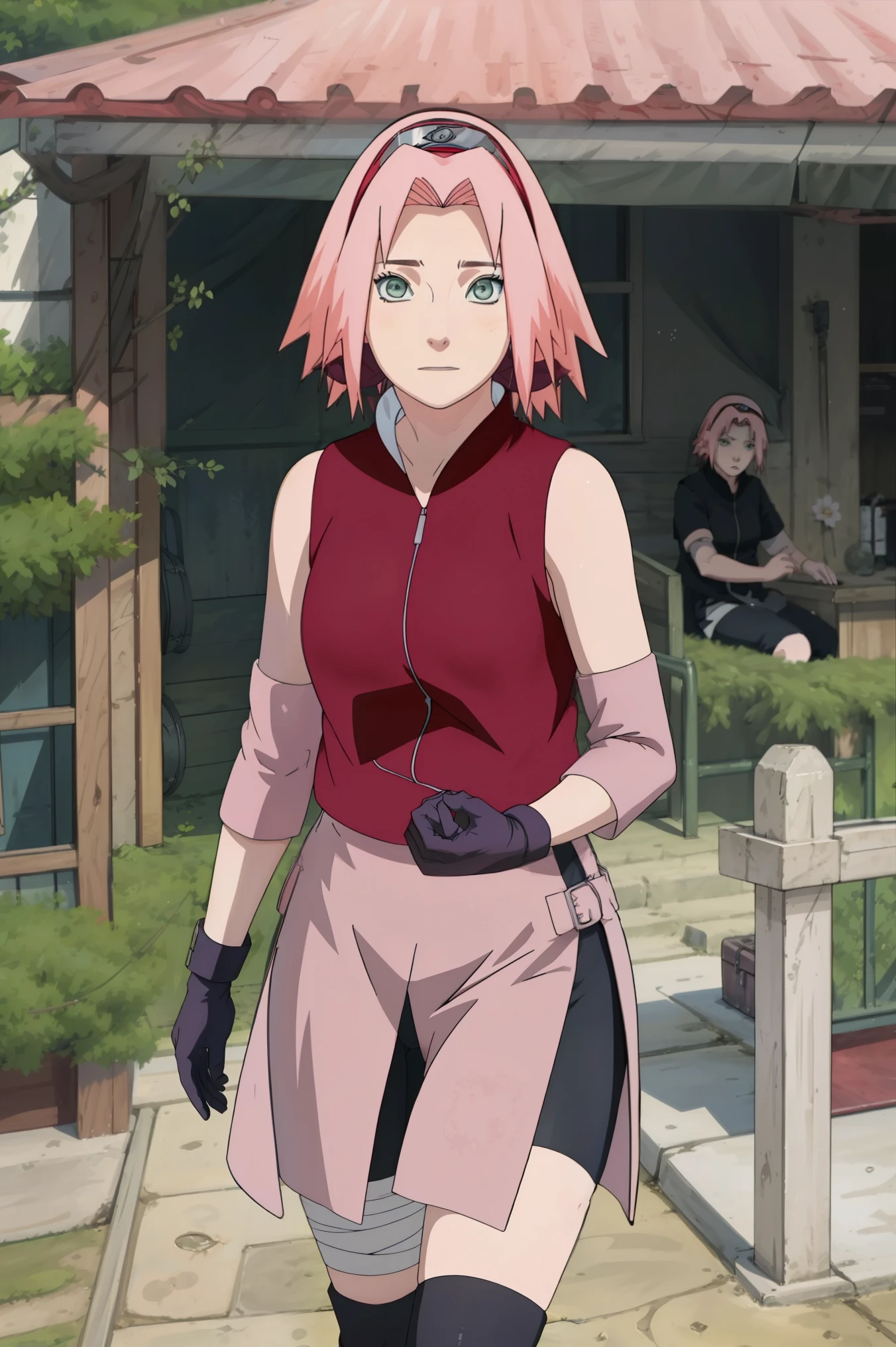 High-quality, ultra-detailed, realistic artwork of a scene from "Sakura Shippuden" with vivid colors, perfect for 4K or 8K resolutions. The scene depicts Sakura Haruno, a young woman, standing gracefully in a garden surrounded by blooming sakura (cherry blossom) trees. She is wearing a red jacket embroidered with the symbol of Konohagakure, the Hidden Leaf Village. Her leg is bandaged, indicating a recent injury. Sakura is wearing a short skirt and toeless footwear, emphasizing her femininity and agility.

Sakura has shoulder-length bangs that softly frame her face, revealing her beautiful, green eyes. Her face is adorned with a forehead protector, which bears the Konohagakure symbol, signifying her allegiance to her village. The artwork showcases Sakura's attention to detail, including her long eyelashes, detailed lips, and delicate features, capturing her determination and inner strength.

The lighting in the scene is soft and warm, casting a gentle glow on the petals of the sakura blossoms. The vibrant colors of the cherry blossoms contrast against Sakura's black short sleeves and gloves, adding depth to the composition. The overall color scheme leans towards pastel tones, enhancing the serene and tranquil atmosphere of the garden.

This masterpiece artwork aims to capture the essence of Sakura Haruno's character, portraying her as a confident, skilled kunoichi amidst the delicate beauty of the sakura garden. The attention to detail, vibrant colors, and realistic rendering will bring this scene to life, evoking the spirit of "Sakura Shippuden" in a visually stunning manner.