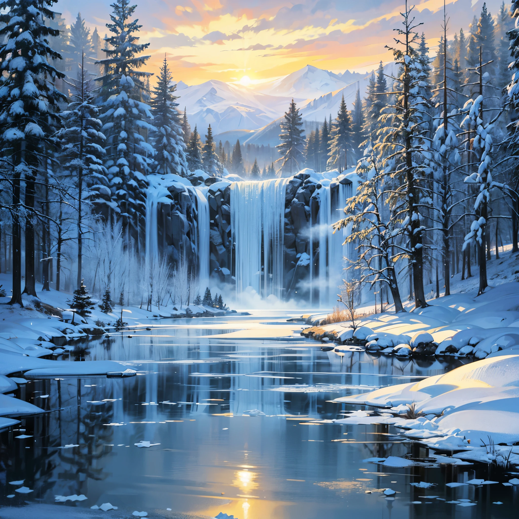 Winter lake, ice-covered, high waterfall, ice waterfall, Crystal trees, fine drawing, beautiful landscape, snow graphics, Lots of snow and ice, white bare trees, a lot of details, Gentle sensuality, realistically, high quality, piece of art, hyper detail, professionally, filigree, foggy haze, hyperrealism, professionally, transparently, delicate pastel colors, Backlight, contrast, Fantastic, Nature, fabulous, unreal, translucent, glows, sharp lines, gentle dawn, Sun Dawn, bright sky, красивый contrast неба, Ice Lake, Soft clouds