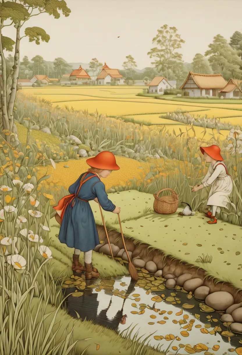 rice paddy, by Elsa Beskow, (best quality, masterpiece, Representative work, official art, Professional, Ultra intricate detaile...