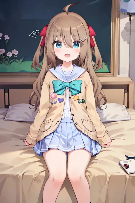 (masterpiece), (ultra-detailed), best quality, 8k, 1girl, neuro-sama, solo, looking at viewer, laying on bed, looking at viewer, landscape, brown cardigan, bowtie, sailor collar, ahoge, cherry blossoms, blue eyes, lamp, indoors, smile, heart hair ornament,...