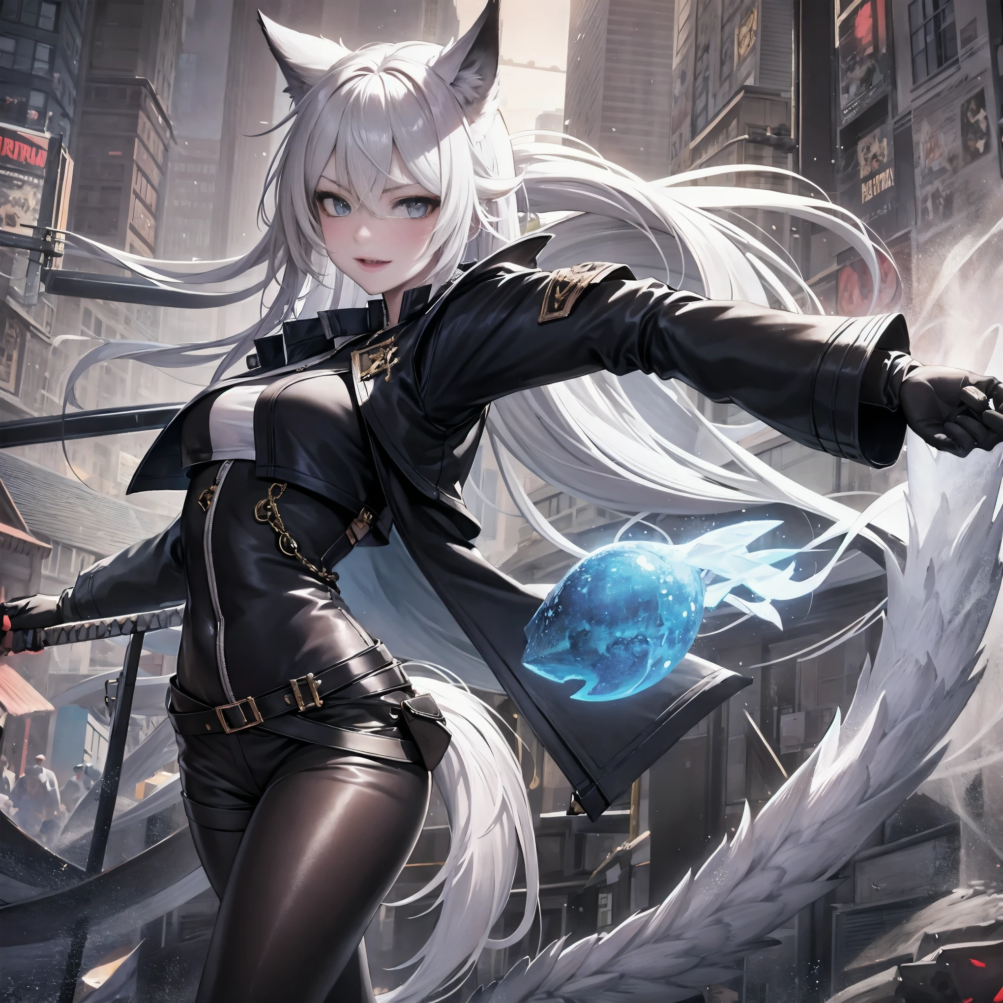 masterpiece, 8k resolution, high quality, high resolution, best quality, extremally detailed, best resolution, absurd resolution, ray tracing, high detailed, masterpiece, extremely detailed,detailed angelic face, shoulder length white hair, female, 2 white fox ears, teenage girl, slime body, white scale dragon tail, military boots,black leggings, military combat pants, black T-shirt, white jacket open, medium size chest, detailed blue eyes,solo female,1 dragon tail, tomboyish, thick dragon tail, white scales, 2 dragon wings, white fluffy dragon wings, detailed face, holding a katana sword,very detailed, amazing details,solo female, 1 female, detailed two white furry dragon wings