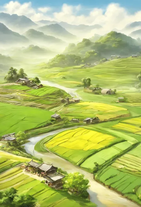 paddy，rural area，Pastoral scenery，spring landscape