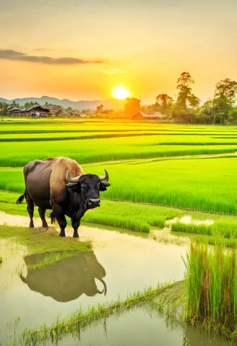 paddy，rice，countryside，Pastoral scenery，spring scenery，beautiful sunset，rice种植, swamp water level, big buffalo，rice straw, bright colors，Fresh greenery，farmland，