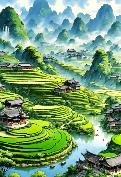Beautiful terrace, Green rice paddies, pond, houses, Guilin landscape, The best in the world, HD, 512k