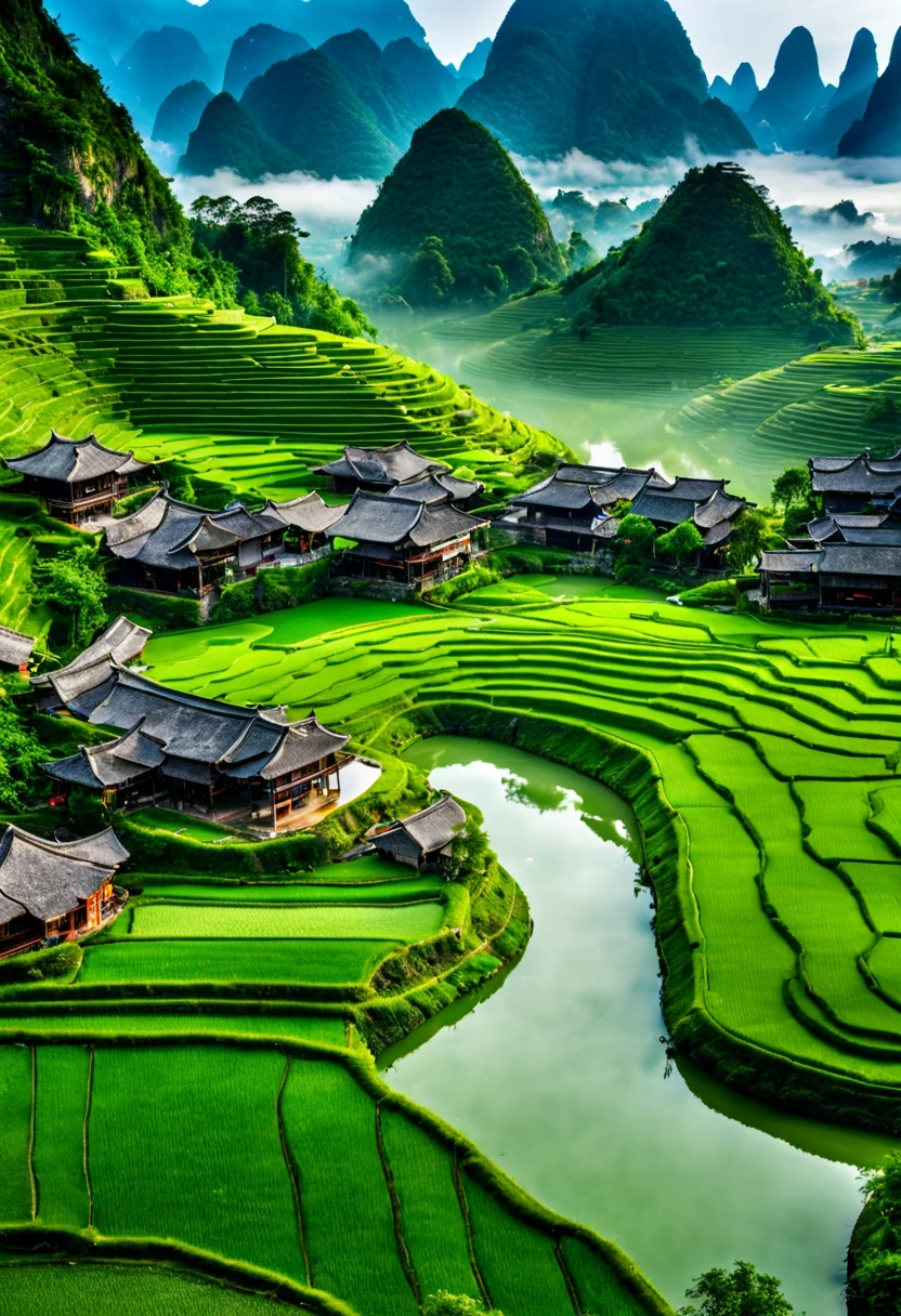 Lindo terraço, Arrozais verdes, lago, casas, Paisagem de Guilin, O melhor do mundo, alta definição, 512 mil