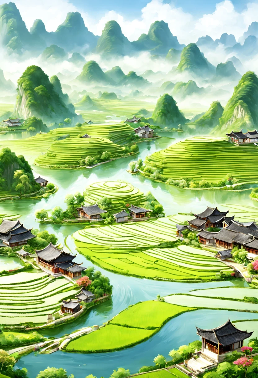 Beautiful terrace, Green rice paddies, pond, houses, Guilin landscape, The best in the world, HD, 512k