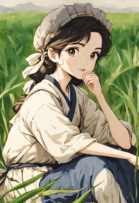 1 girl, Sitting in the rice field，rice，countryside，is the background, closeup portrait, Ghibli style colors, ultra high definition