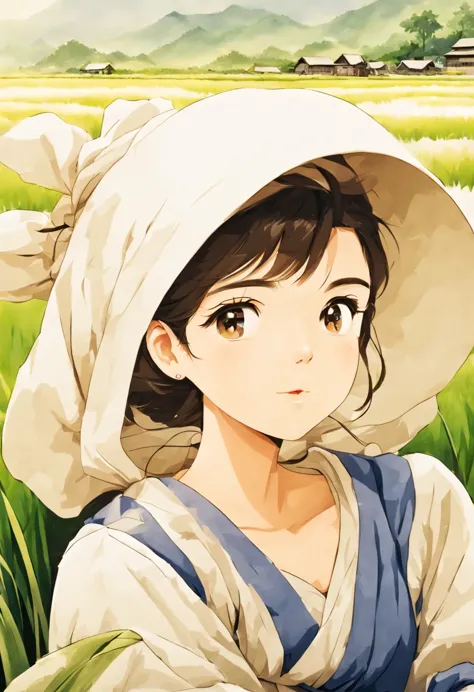 1 girl, Sitting in the rice field，rice，countryside，is the background, closeup portrait, Ghibli style colors, ultra high definition