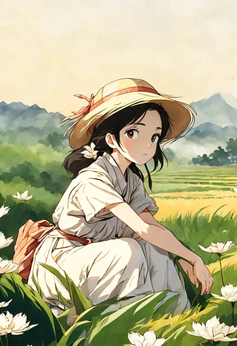 1 girl, Sitting in the rice field，rice，countryside，is the background, closeup portrait, Ghibli style colors, ultra high definiti...