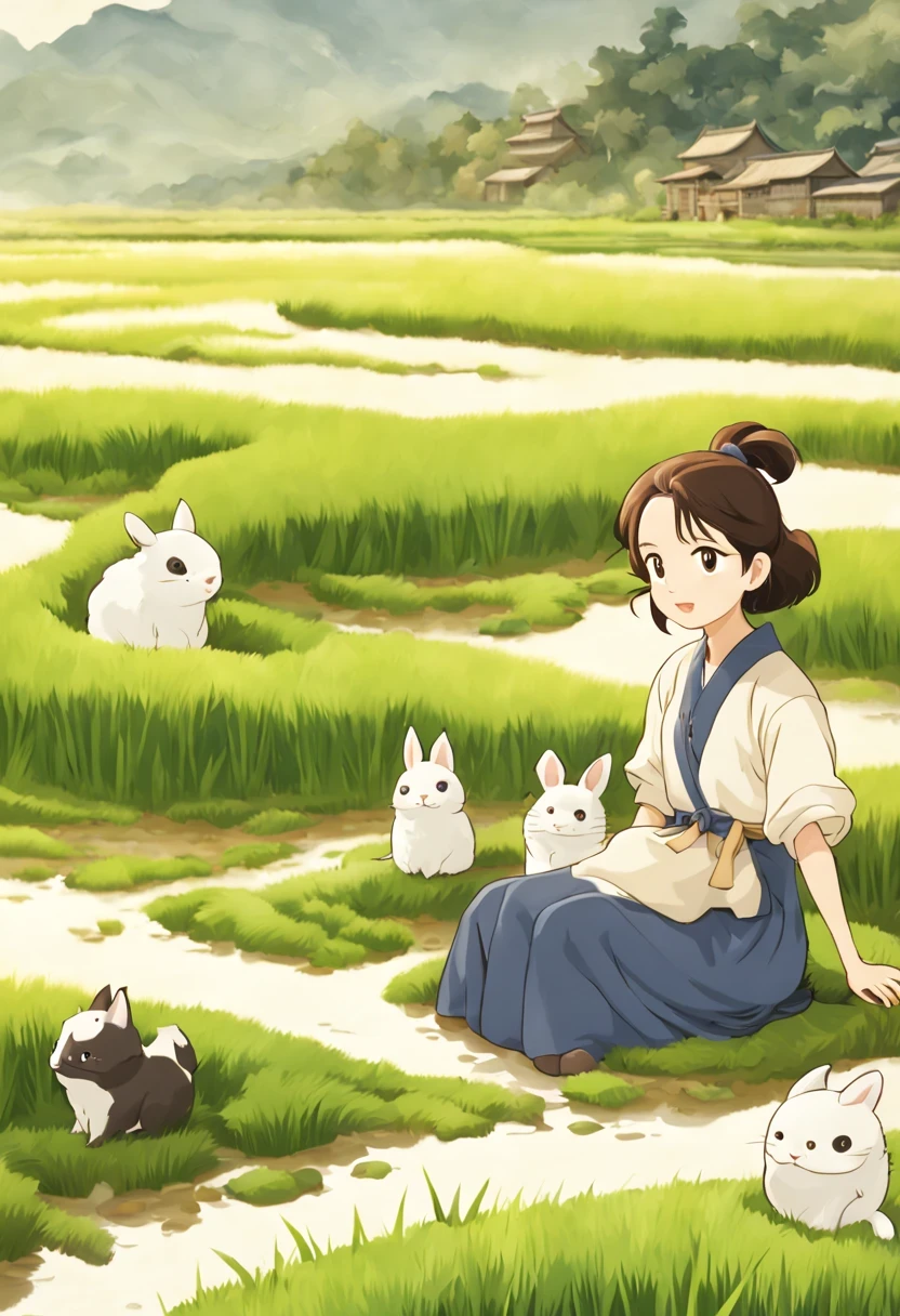 1 girl, Sitting in the rice field，rice，countryside，is the background, closeup portrait, Ghibli style colors, ultra high definition