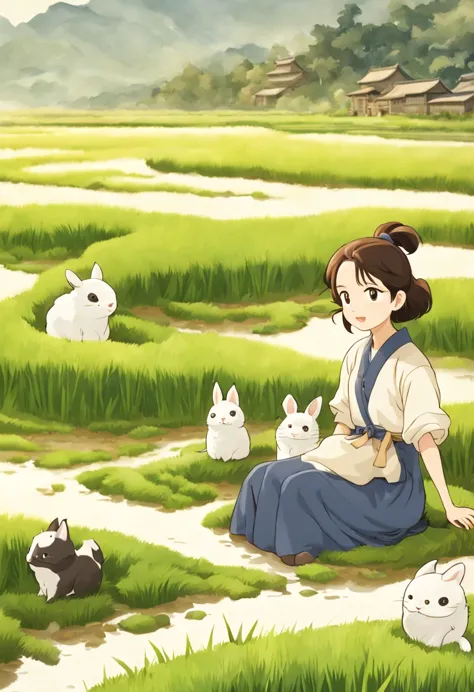 1 girl, Sitting in the rice field，rice，countryside，is the background, closeup portrait, Ghibli style colors, ultra high definiti...