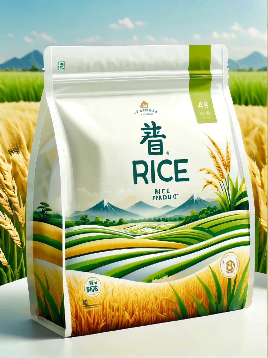 Modern packaging design, 1 rice field product packaging bag，Flat rice field landscape，Full of nutrition，simple white background，HD resolution，simple style，actual，Natural light, Glossy plastic packaging bag