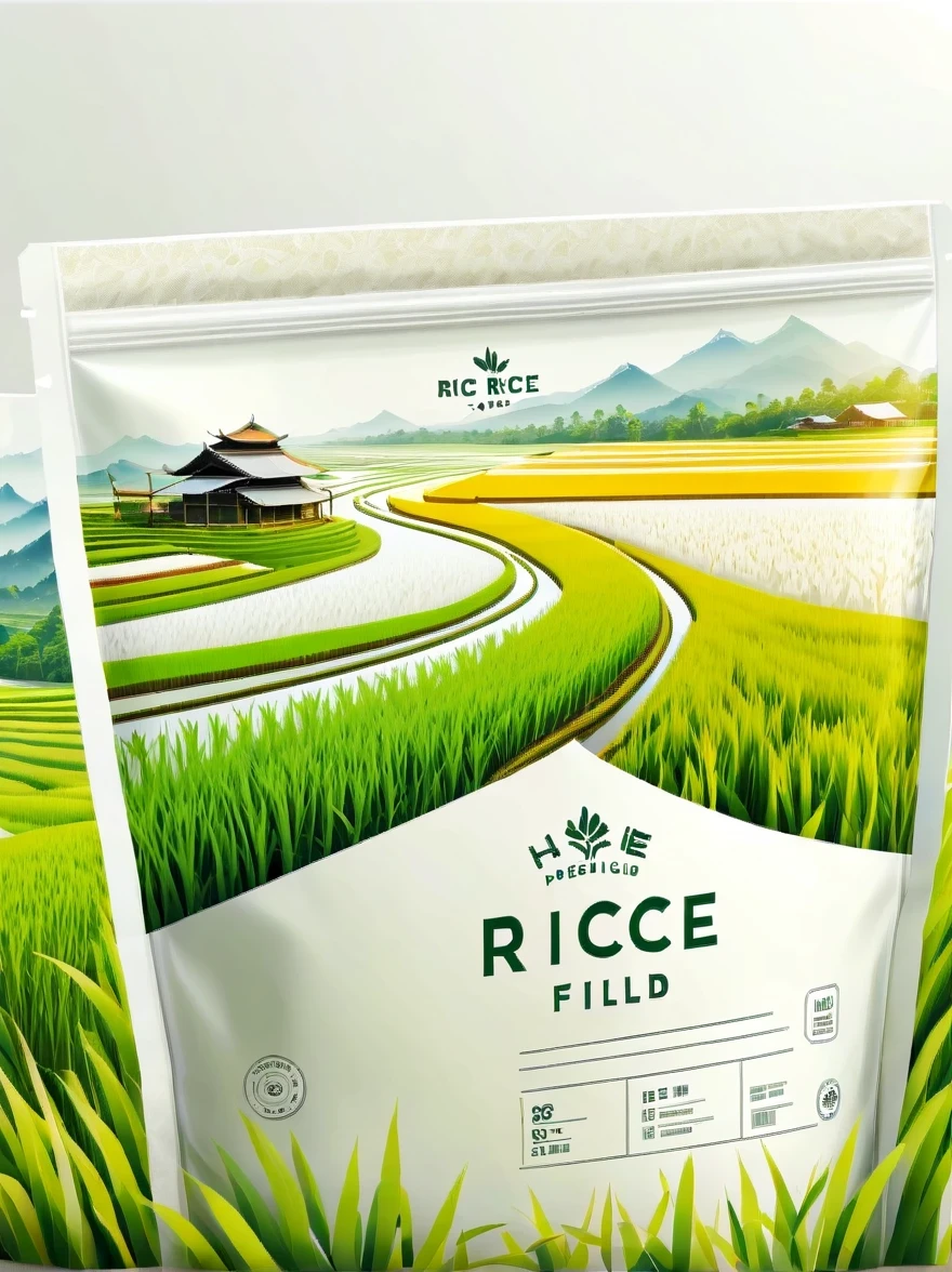 Modern packaging design, 1 rice field product packaging bag，Flat rice field landscape，Full of nutrition，simple white background，HD resolution，simple style，actual，Natural light, Glossy plastic packaging bag