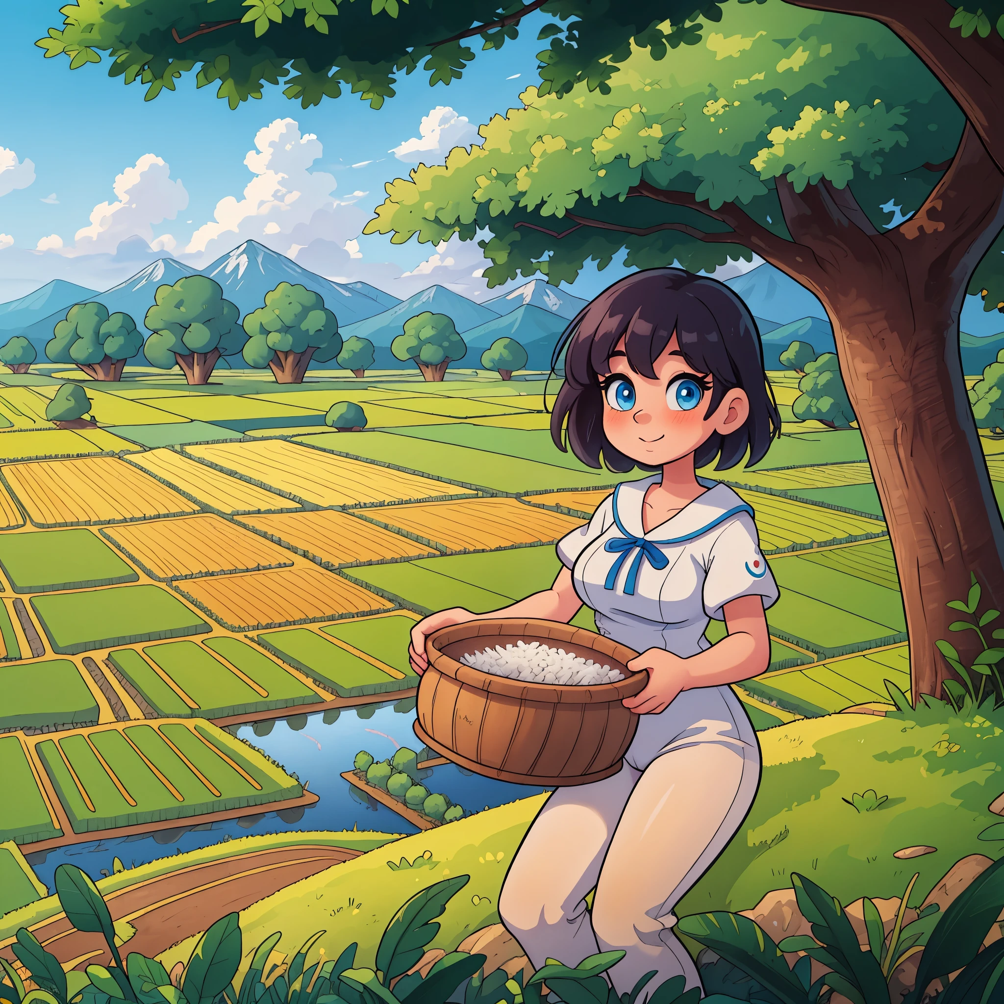 masterpiece, high quality, cartoon, girl in the rice field, white outfit, blue eyes, mountains, clouds, sky, tree