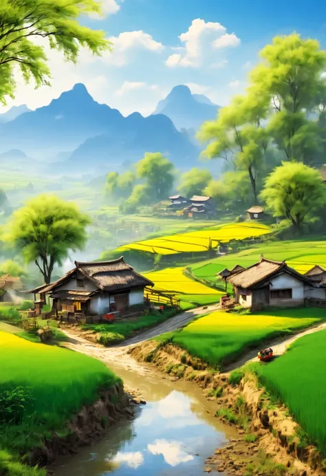 paddy，Rural life，Pastoral scenery，spring landscape