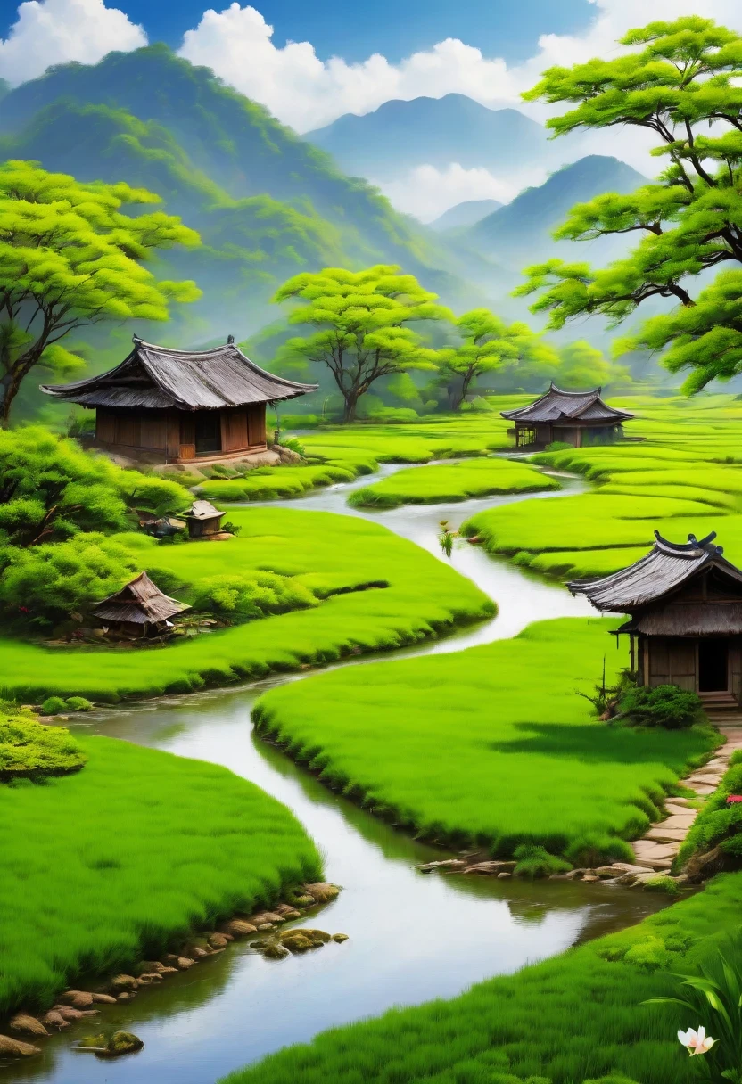 arrozal，Área rural，paisaje pastoral，paisaje de primavera