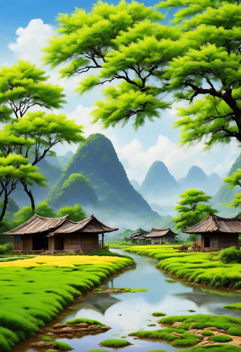 arrozal，Área rural，paisaje pastoral，paisaje de primavera