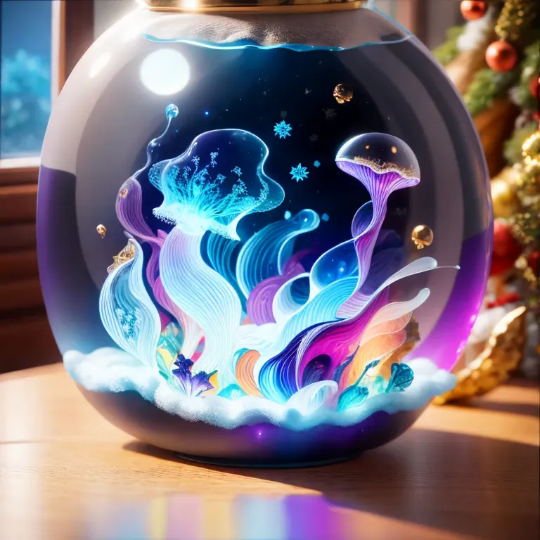 (la best quality,high resolution,super detailed,actual)，jellyfish，in the room，christmas decoration，surrounded by christmas gifts...