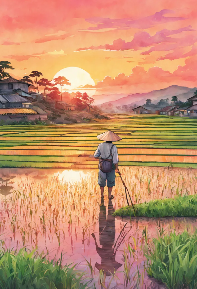 Digital Illustration, A farmer tending to the rice paddy fields during a vibrant sunset, with reflections of the pink and orange...