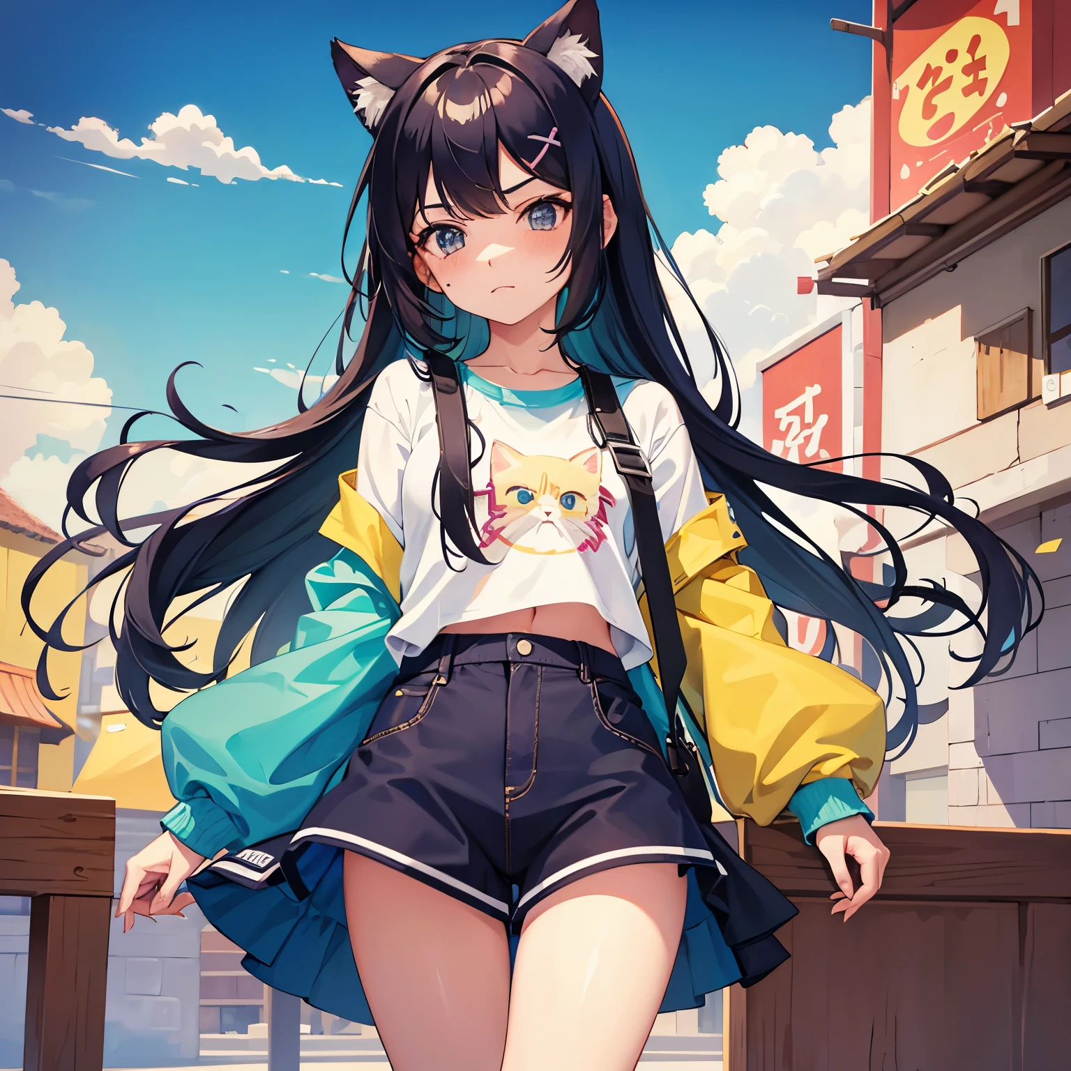 Anime girl with long black hair and cat ears standing in front of a  building - SeaArt AI