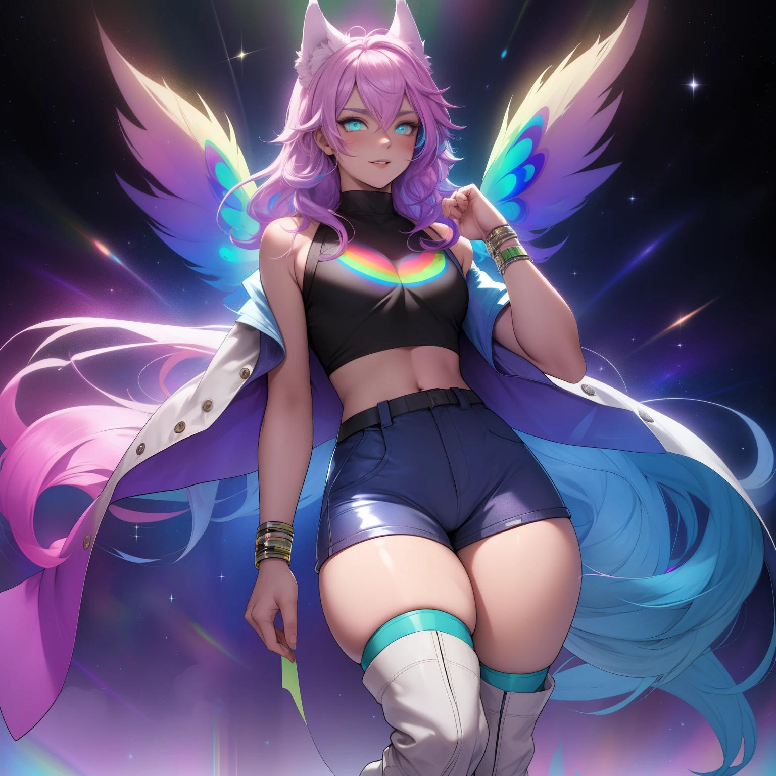 a short, skinny, galactic space young boy wearing a rainbow trench coat with a peacock inspired design, glowing blue eyes, wearing cropped t-shirt, flat chested, flat chest (SUPER FLAT CHEST) has wolf ears and a wolf tail, wide hips, pink lips, thick thighs, has long wavy rainbow gradient colored sparkly hair, twink, happy, blushing, flustered, showing thighs, wearing thigh high boots, wearing short shorts, curvy, solo, alone, (SOLO)(ALONE), has long wavy rainbow gradient colored sparkly hair, dynamic pose, dancing