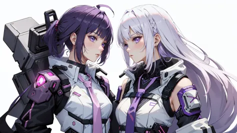 (((2 girl, looking at each other))), close up of a person with a white hair and a pink light, badass anime 8 k, Profile, aluring...