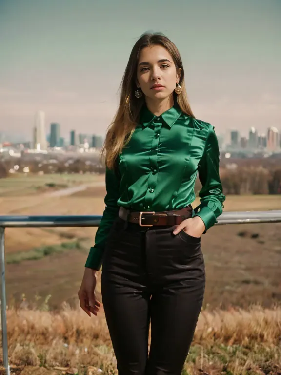 beautiful photograph of a smart looking 1girl, solo, wearing a royal green, satin collared shirt, very detailed fine silk fabric...