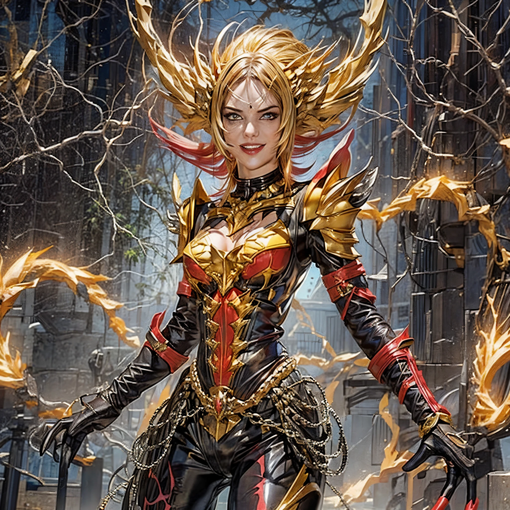 Armored alien princess with short, vibrant yellow hair and electrifying lightning powers resides in an uncharted galaxy. Her asymmetrical, stylized golden armor, adorned with electric design elements, shines brightly, reflecting her villainous personality. Her seductive smile and a provocative laugh accentuate her allure, contrasting the intimidating aura of her armor. Attacking the viewer while laughing. add_detail:2
