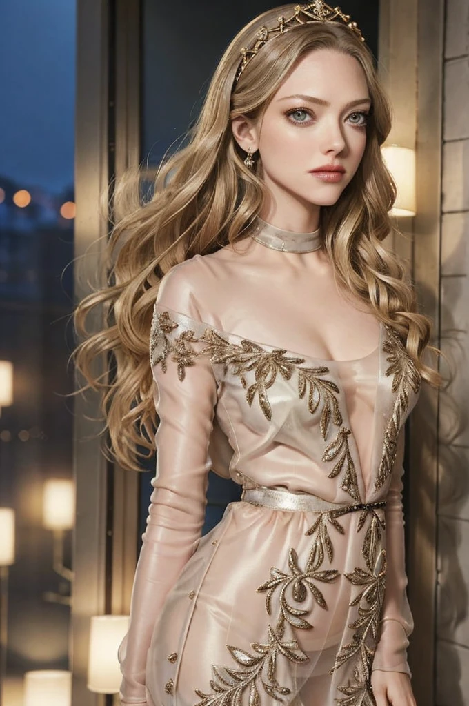 portrait photography, beautiful Amanda Seyfried in transparent western tunic dress, neckline, neckline, Nippin, camel toe, clearly visible pubic shape, visible nipples , proper eye position, detailed skin texture, Natural skin, backlight, cinematic light, rim light, Luz outfit, hips, at night, City side background, detailed color gradient background, intricate, Very detailed, octane rendering, HD, 8k, por Annie Leibovitz