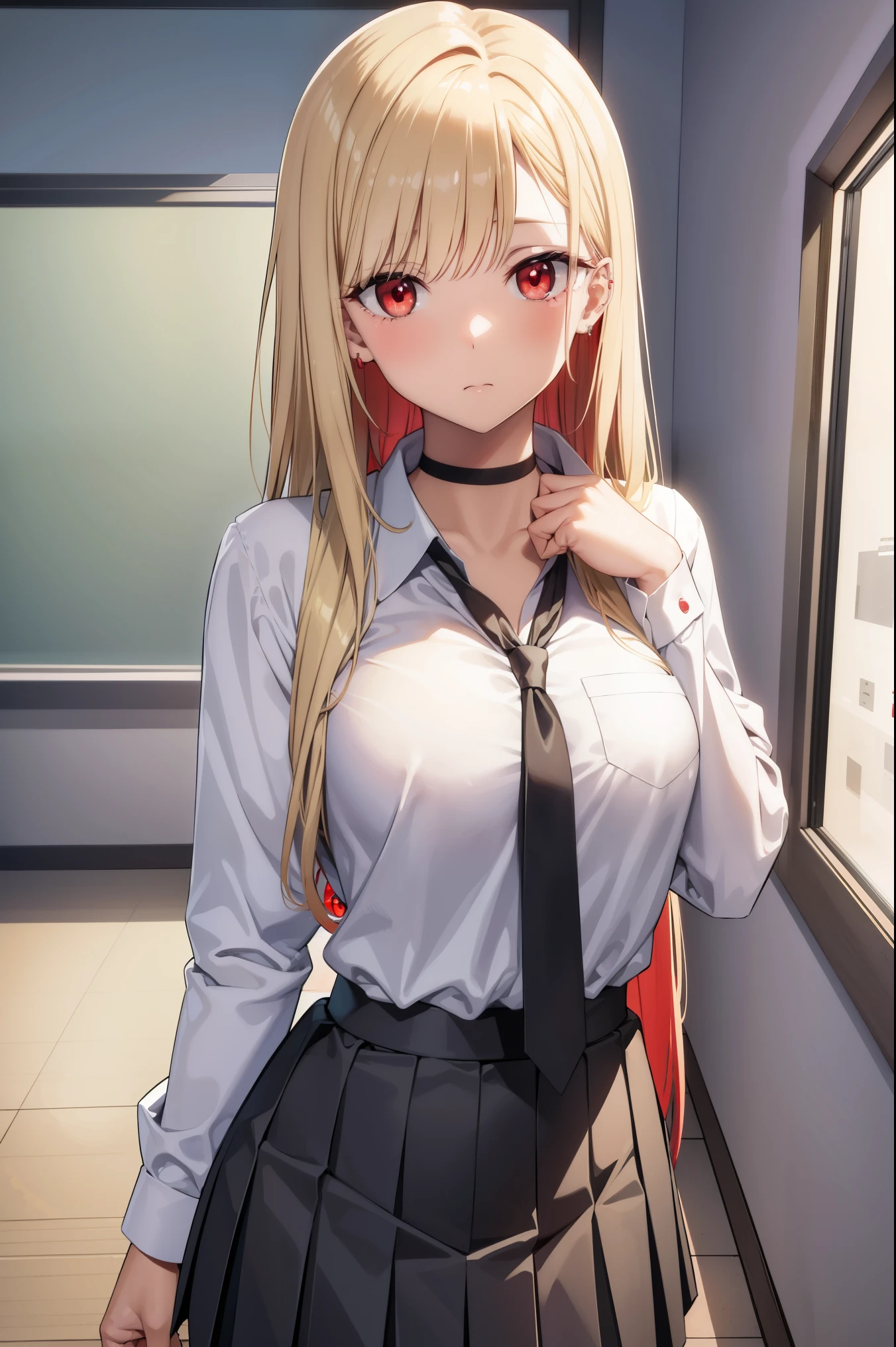 marinkitagawa, marin kitagawa, blonde hair, choker, ear piercing, earrings, long hair, piercing, (red eyes:1.5), straight hair, swept bangs,
BREAK black necktie, long sleeves, pleated skirt, , shirt, skirt, sleeves rolled up, white shirt, cleavage,
BREAK indoors, classroom,
BREAK looking at viewer, 
BREAK (masterpiece:1.2), best quality, high resolution, unity 8k wallpaper, (illustration:0.8), (beautiful detailed eyes:1.6), extremely detailed face, perfect lighting, extremely detailed CG, (perfect hands, perfect anatomy),