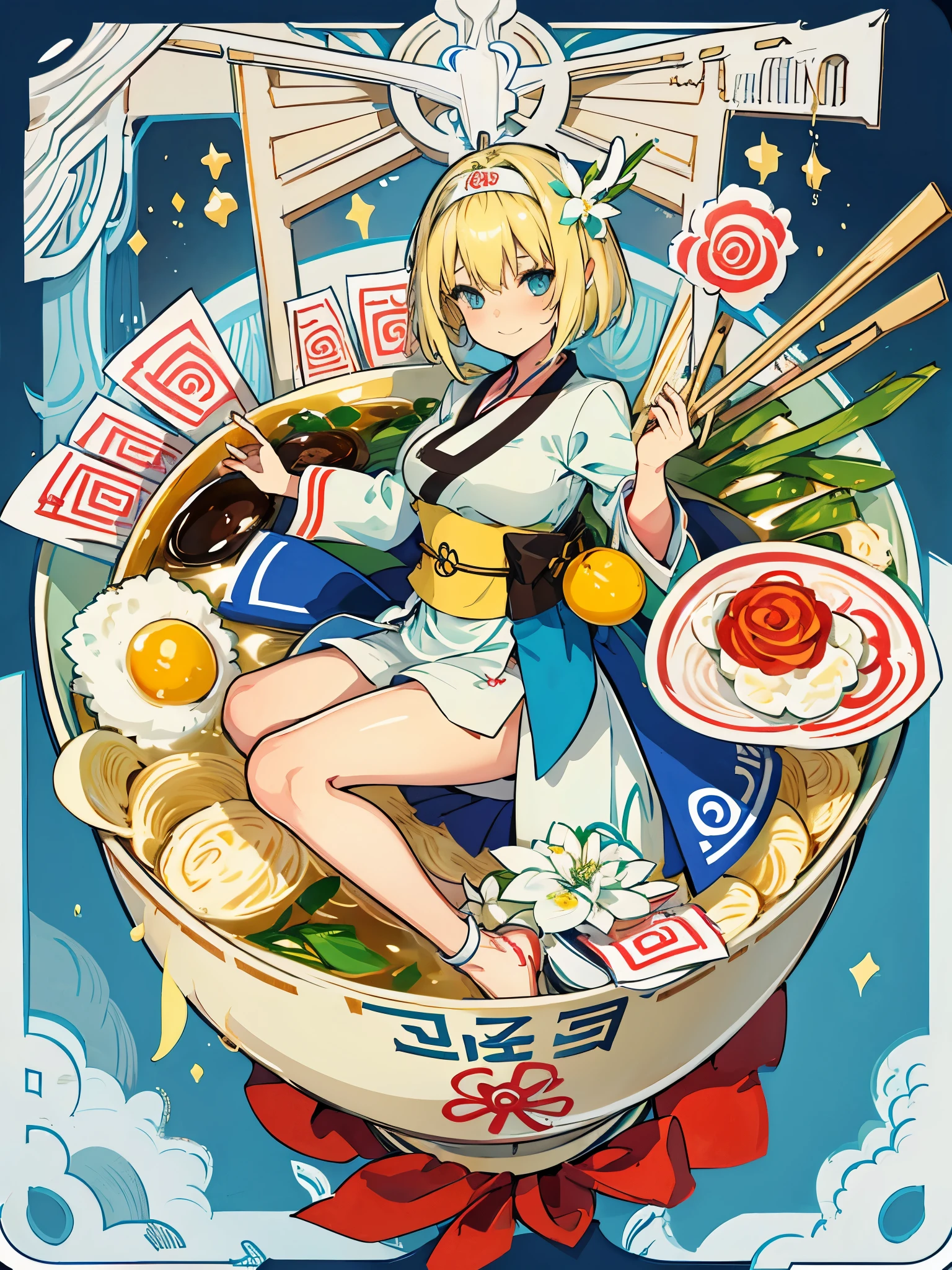 1girl,Allein,Blaue Augen,lange blonde Haare,vorne geflochten,Smile,Full body,Schenkel,medium breasts,traditionelle koreanische Kleidung,minigirl, in Lebensmitteln,in the container,in a ramen bowl,Suppe, Ramen, Nudeln,Ei,Fleisch,Spring onion,teilweise untergetaucht,Sweet,Dampf,koreanischer Hintergrund,keine Schuhe,eating from the bowl with chopsticks, ein Torii Gate im Hintergrund