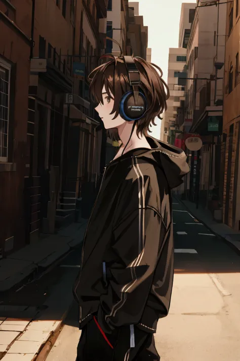 young guy, wearing headphones walking on the street, side view, dark long brown hair on shoulders