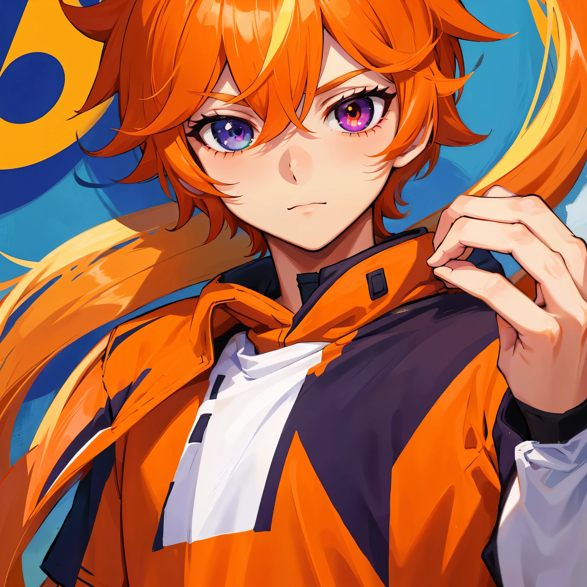 (solo),(1boy,masculino,(alone),orange hair),soccer uniform , heterochromia , one eye green , one eye purple