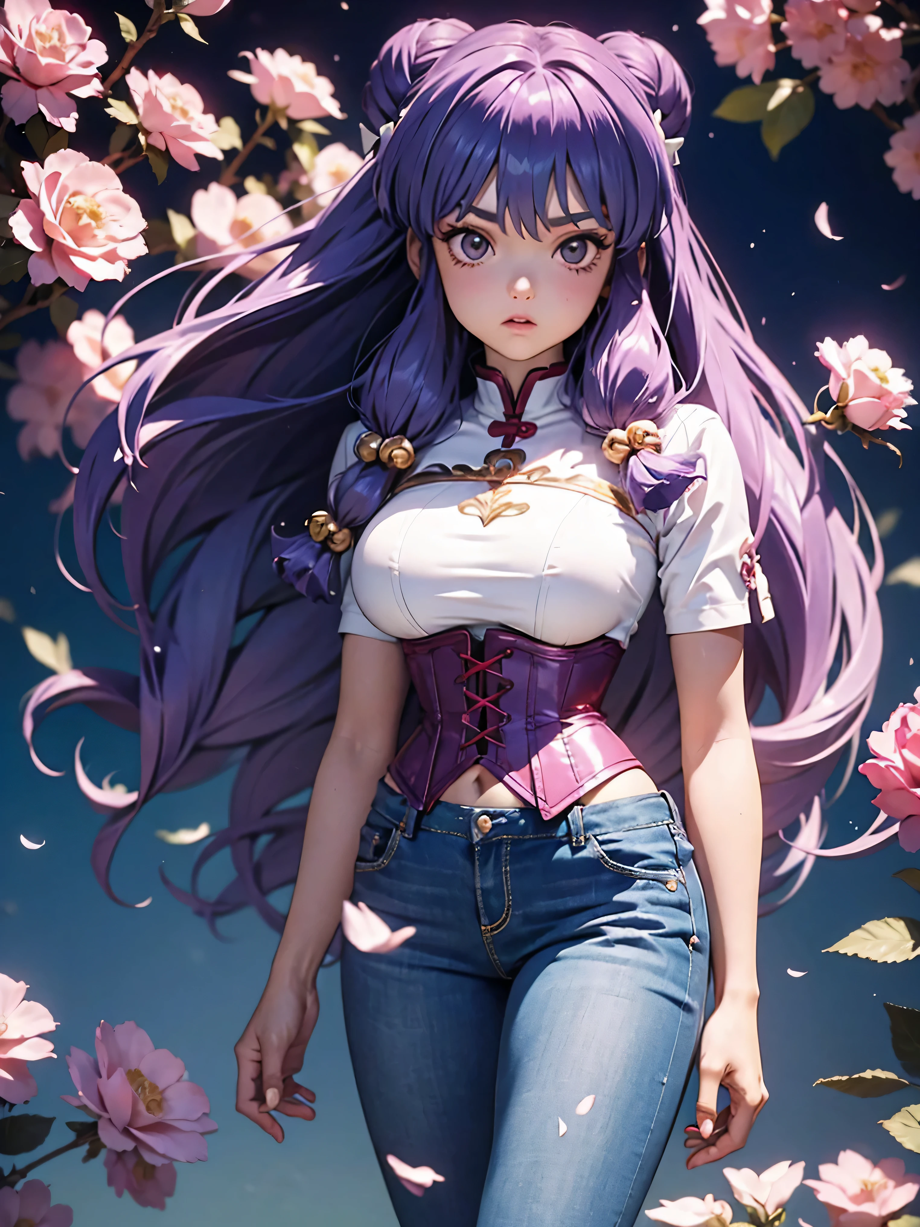 Anime cabelo purple com short jeans e corset rosa pink, 16 anos, corpo bonito, seios grandes, com as hands on chest, hands on chest, Garota sexy, purple cabelo, mechas de cabelo laterais, mechas de cabelo na lateral do rosto, beautiful lighting, sombras suaves, olhos azuis, pernas bonitas, cabelo longo purple, estilo anime, personagem Shampoo Chan, Autora Rumiko Takahashi, Baseado em obra de Rumiko Takahashi, Anime Ranma 1/ 2, decote sexy, quadril robusto, corpo inteiro, corpo inteiro, busto grande, garota jovem com corpo belo e bonito, sandals on his feet, garota 16 anos jovem, usando short jeans e corset pink rosa brilhante, garota anime, estilo anime, beautiful feet in sandals, 45° viewing angle, ao ar livre, peito grande, seios bonitos, cabelo purple, sandals on the feet, pernas bonitas, sexy