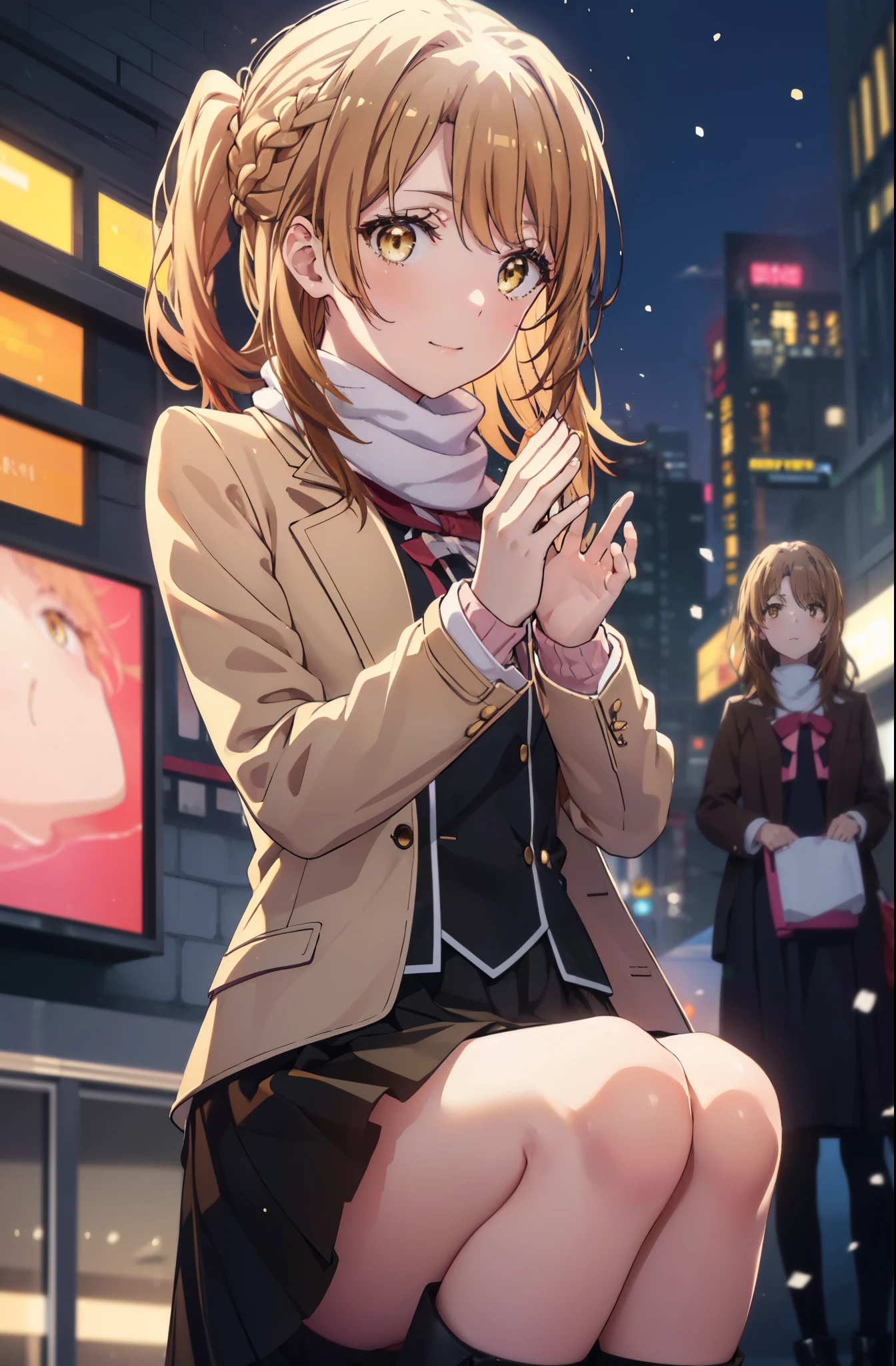 irohaisshiki, iroha isshiki, long hair, short braided hair,ponytail,brown hair, (brown eyes:1.5), smile,Yellow muffler,Pink long coat,white sweater,black long skirt,black pantyhose,short boots,morning日,morning,campus life,Winter on the way to school,cold sky,It&#39;s snowing,
break outdoors, In town,ビル街
break looking at viewer,
break (masterpiece:1.2), highest quality, High resolution, unity 8k wallpaper, (shape:0.8), (fine and beautiful eyes:1.6), highly detailed face, perfect lighting, Very detailed CG, (perfect hands, perfect anatomy),