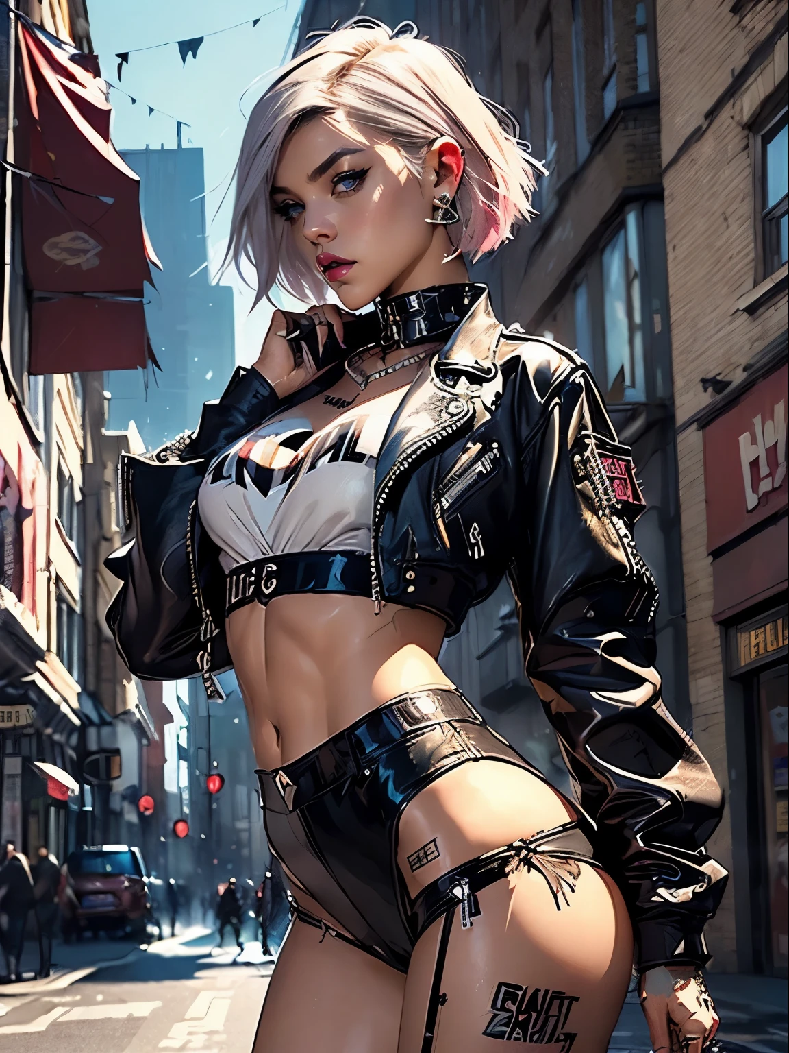 (((top quality: 1.4))),(A masterpiece like no other in history), (ultra high resolution),(Ultra-realistic 8k CG), official art、 (((adult body))), (((1 girl))), ((( bob short hair ))), punk girl with perfect body, jacket with metal spine,Beautiful and well-shaped face,flashy makeup,elaborate punk fashion,leather jacket, (Image from head to thighs),(( bob short hair )), small leather panties, Simon Bisley&#39;s urban and brutal style,Detailed street background of London,beautiful abs, Complex graphics, Toxic tattoo of dark pink with white stars and gray and white stripes )), earrings,