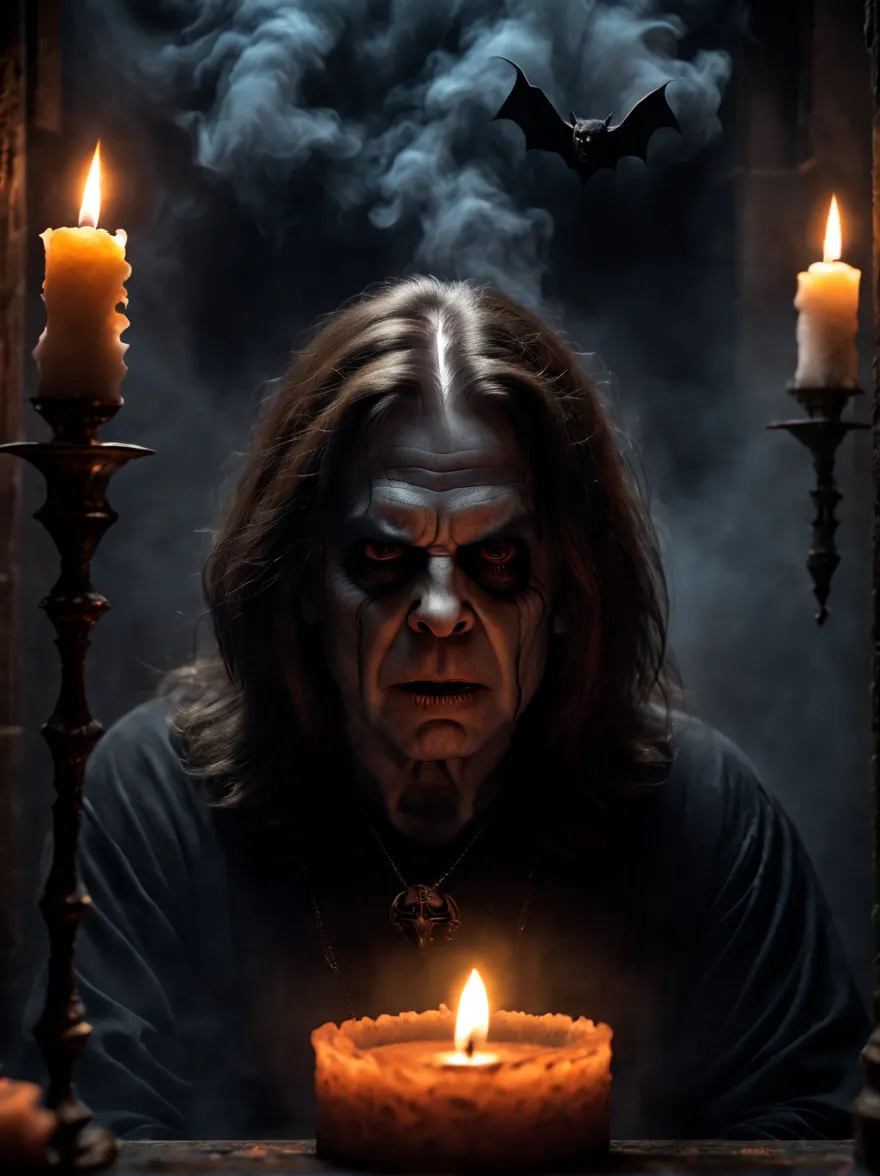 Realistic photo, extremely detailed face,  masterpieces, Ozzy Osbourne, prince of darkness, bat, candles, smoke elements, dark c...