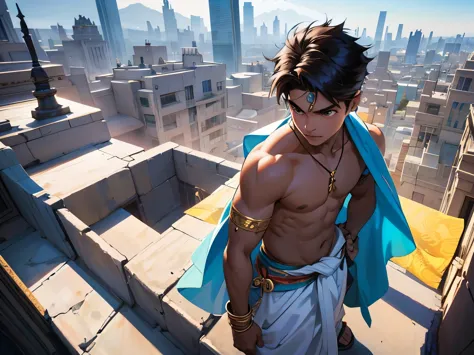 there is a shirtless 15 year old boy in an egyptian tribal skirt he is from above looking at a modern city he is serious bewilde...