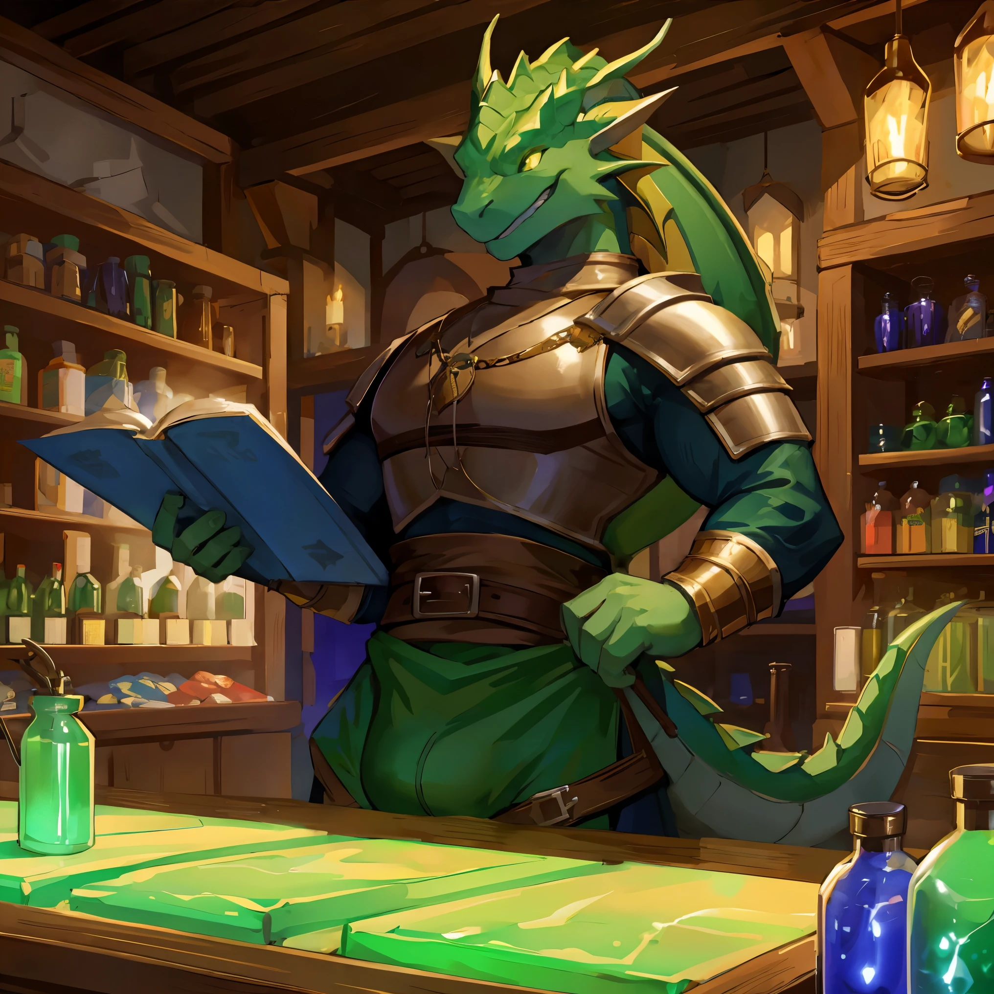 massive green dragon in tight medieval clothing with a massive bulge greets you with a welcoming smile while at the counter in a shop full of glowing potions,