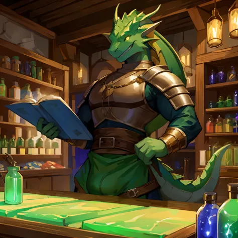 massive green dragon in tight medieval clothing with a massive bulge greets you with a welcoming smile while at the counter in a...