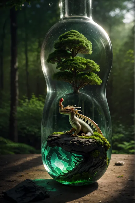 (An intricate forest mini-landscape of a minidragon trapped in a bottle), atmospheric oliva lighting, on the  table, 4k UHD, dar...
