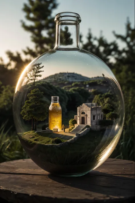 (An intricate mini-landscape of a mini-Matera trapped in a bottle), (sassi_di_matera trapped in a bottle), atmospheric oliva lig...