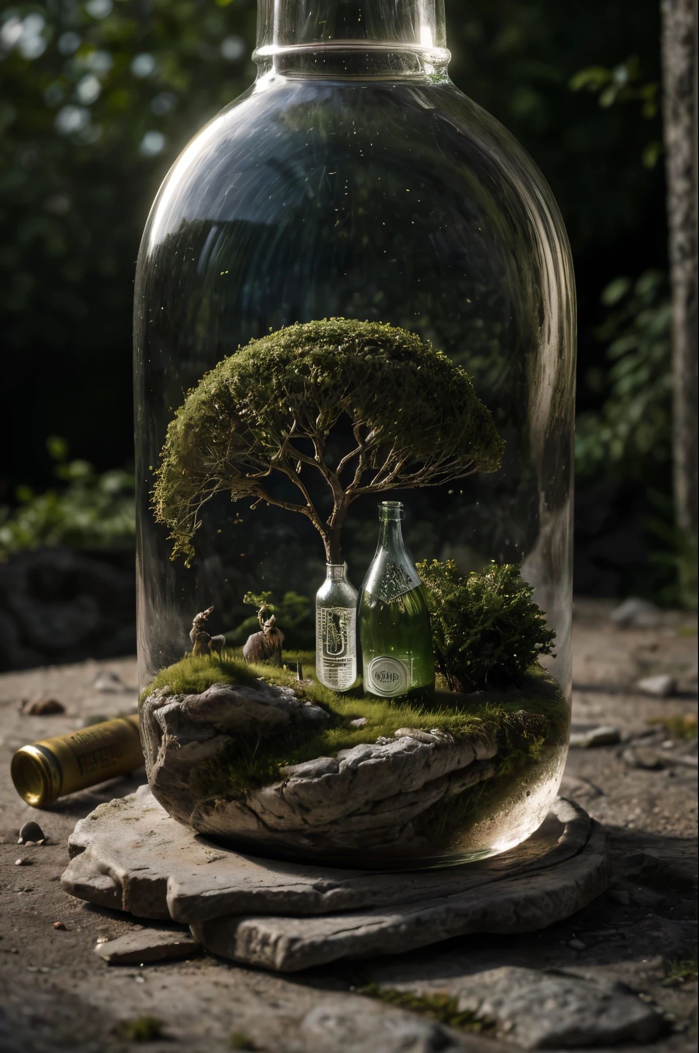 (An intricate mini-landscape of a mini-Matera trapped in a bottle), (sassi_di_matera trapped in a bottle), atmospheric oliva lighting, on the table, 4k UHD, dark vibes, hyper detailed, vibrant colours forest background, epic composition, octane render, sharp focus, high resolution isometric, bubblerealm