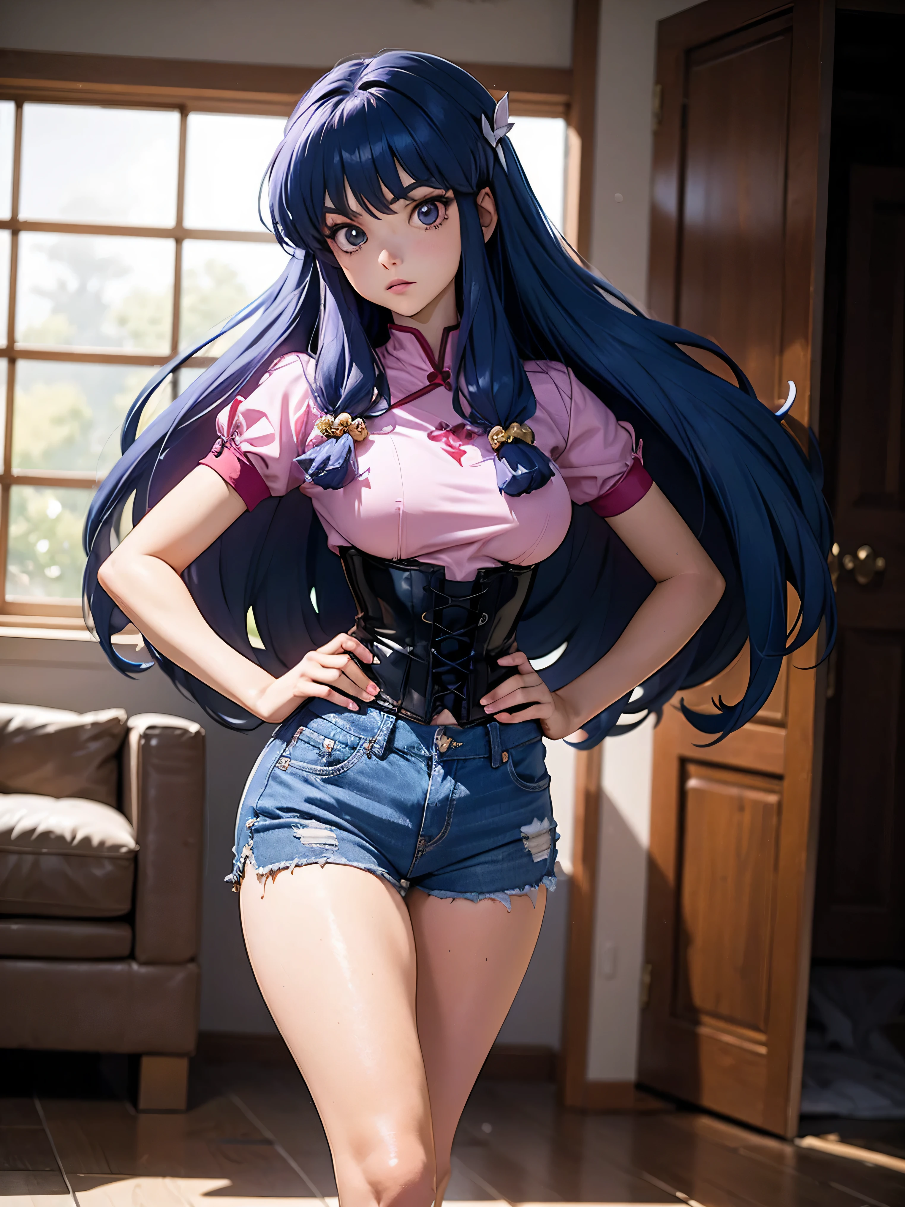 Anime cabelo purple com short jeans e corset rosa pink, 16 yrs old, Body cute, breasts big, with hands on hips and in hair, hand on ass and hair, Garota sexly, purple cabelo, side hair highlights, locks of hair on the side of the face, beautiful lighting, softshadows, blue colored eyes, pretty legs, long purple hair, anime styling, personagem Shampoo Chan, Autora Rumiko Takahashi, Based on a work by Rumiko Takahashi, Anime Ranma 1/ 2, decote sexly, robust hip, fully body, fully body, Bust Big, young girl with beautiful and beautiful body, sandals on his feet, Young girl, wearing denim shorts and bright pink corset, anime girl, anime styling, beautiful feet in sandals, 45° viewing angle, plein-air, large breasted, Cute Breasts, cabelo purple, sandals on the feet, pretty legs, sexly