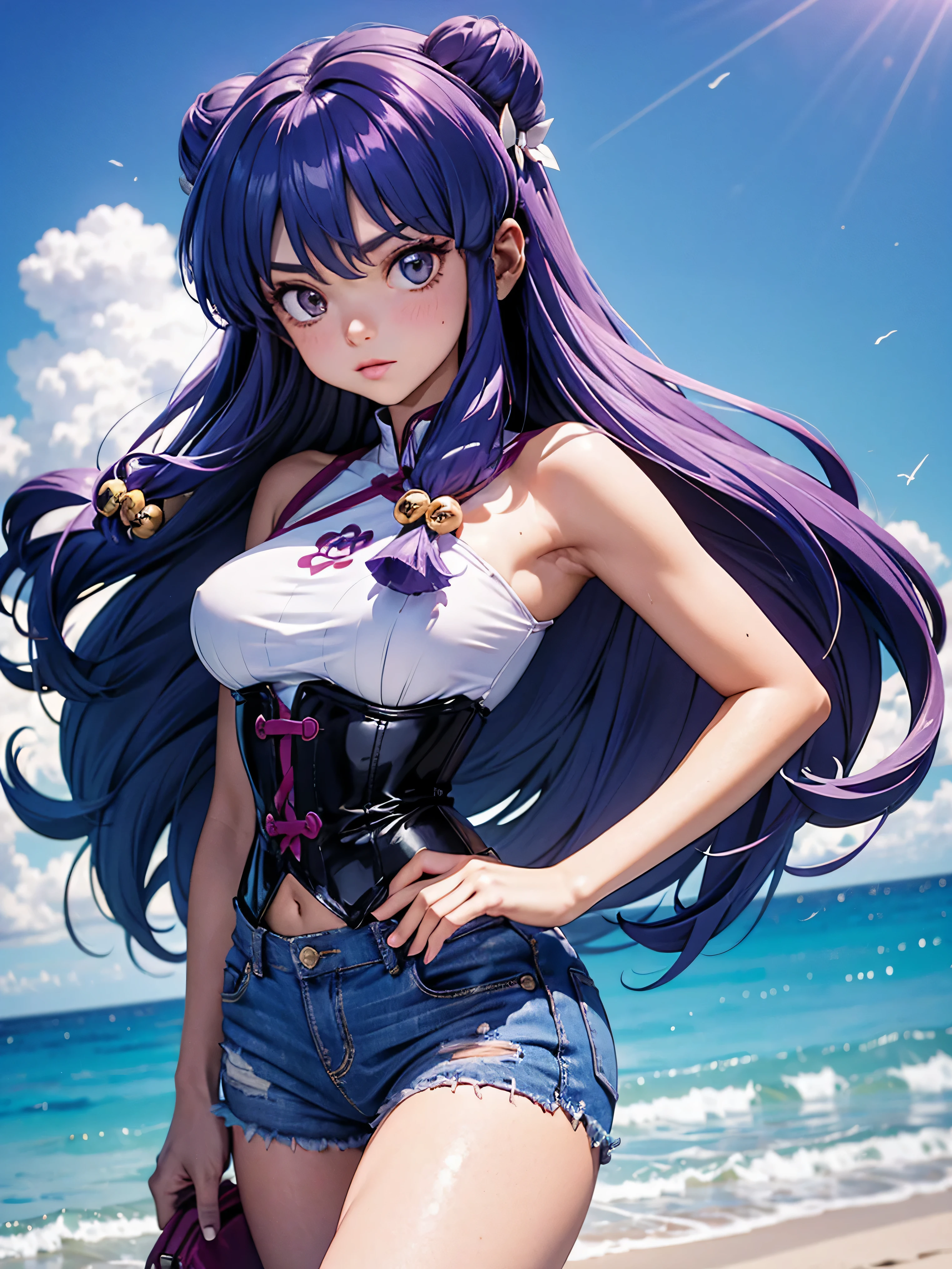 Anime cabelo purple com short jeans e corset rosa pink, 16 anos, corpo bonito, seios grandes, com as mãos nos quadris e no cabelo, mão na bunda e no cabelo, Garota sexy, purple cabelo, mechas de cabelo laterais, mechas de cabelo na lateral do rosto, bela iluminação, sombras suaves, olhos azuis, pernas bonitas, cabelo longo purple, estilo anime, personagem Shampoo Chan, Autora Rumiko Takahashi, Baseado em obra de Rumiko Takahashi, Anime Ranma 1/ 2, decote sexy, quadril robusto, corpo inteiro, corpo inteiro, busto grande, garota jovem com corpo belo e bonito, sandálias nos pés, garota  jovem, usando short jeans e corset pink rosa brilhante, garota anime, estilo anime, lindos pés em sandálias, Ângulo de visão de 45°, ao ar livre, peito grande, seios bonitos, cabelo purple, sandália nos pés, pernas bonitas, sexy